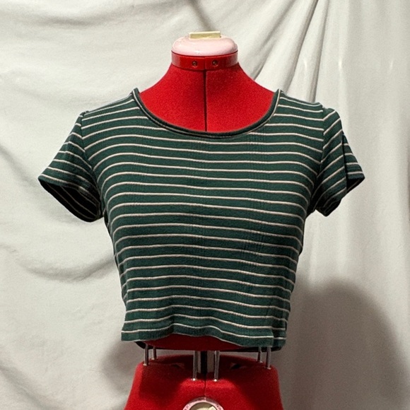 American Eagle Outfitters Tops - American Eagle Outfitters Green and Cream Striped Tee SM359
